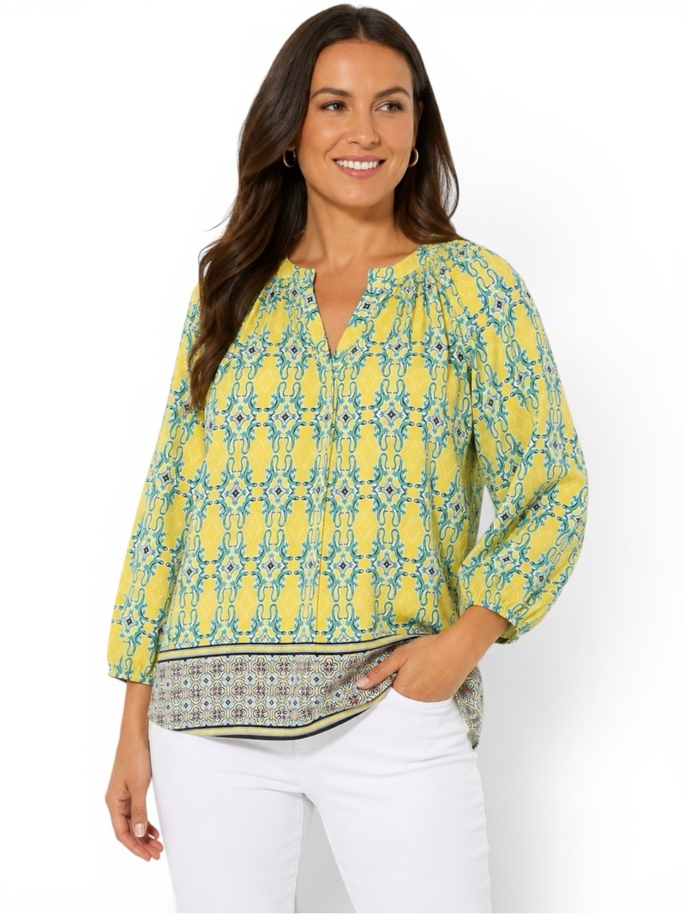 Crown & Ivy The Icon Peasant Blouse XXL Yellow Cayo Coco Boho Geometric Top NWT